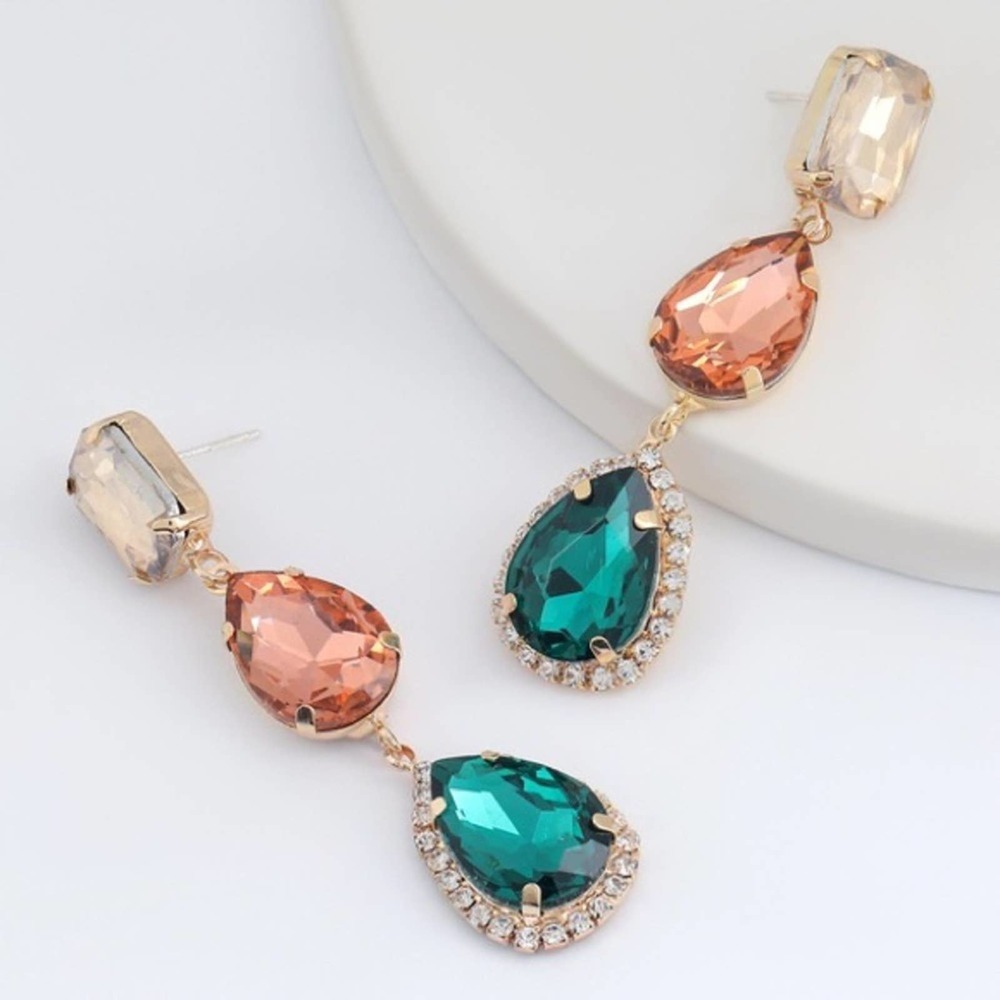 Multi-Color Rhinestone Jeweled Drop Earrings - Picture 2 of 12